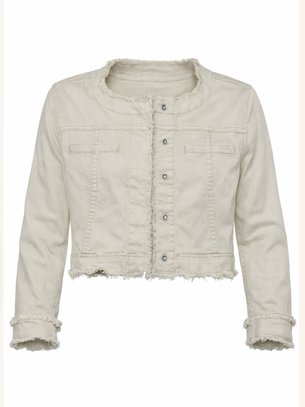 Tempo Paris Designer Cream Cropped Denim Jacket—Frayed Trim, Small